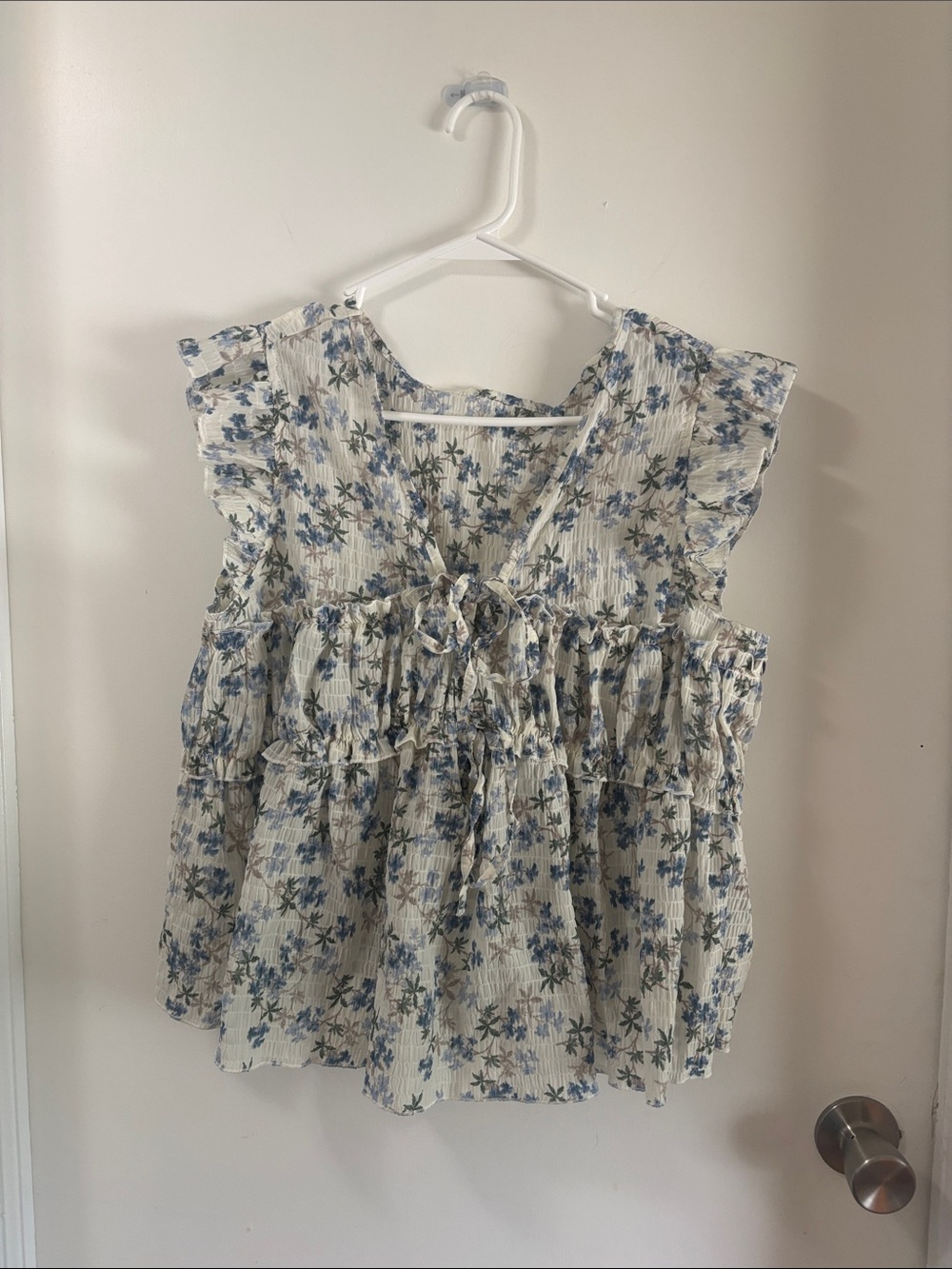 SO Cream and Blue Floral Ruffle Tank Top